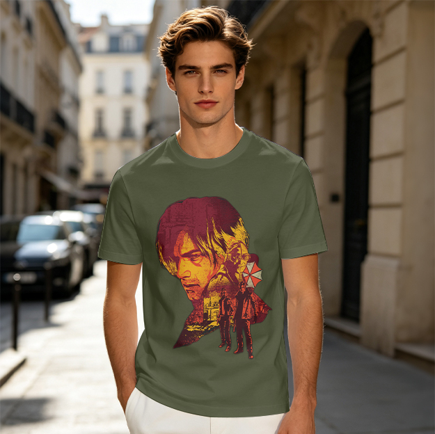 Olive T-Shirt With Horror Character And Umbrella Corp Art Print
