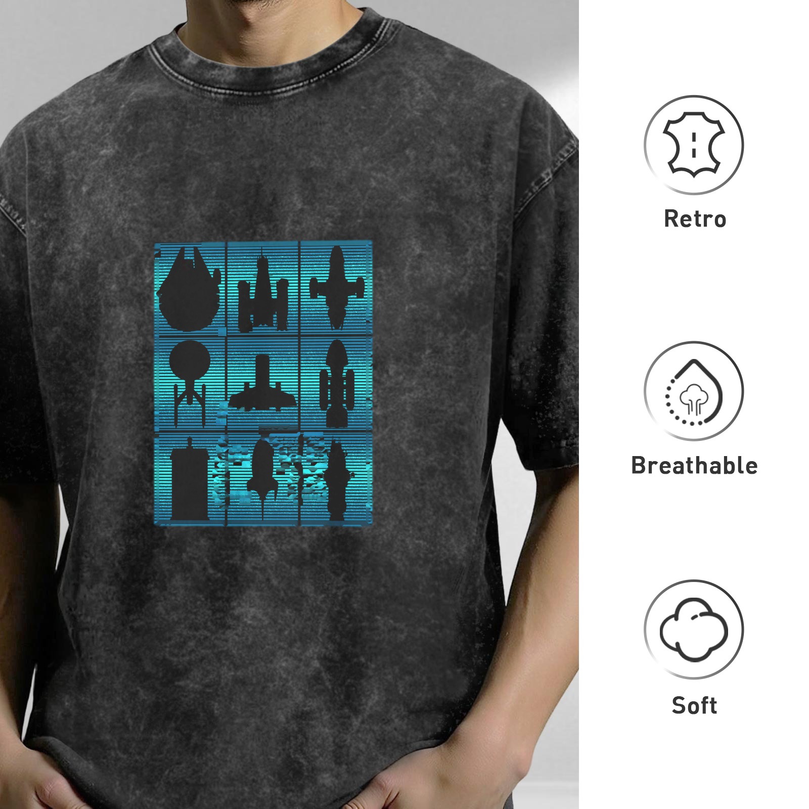 Oversized Stonewashed T-Shirt With Sci-Fi Spaceship Silhouette Grid Design