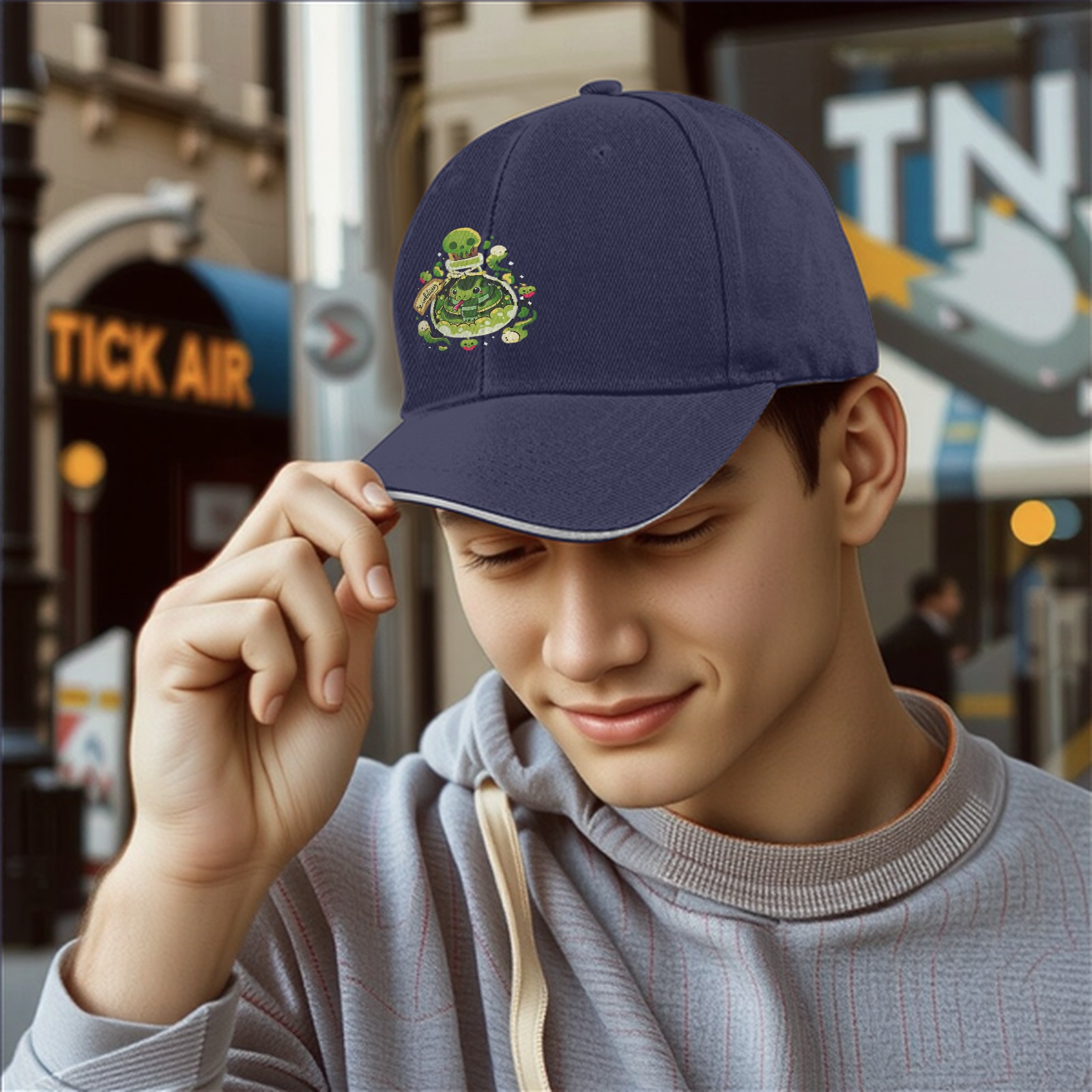 Black baseball cap with green snake potion bottle graphic