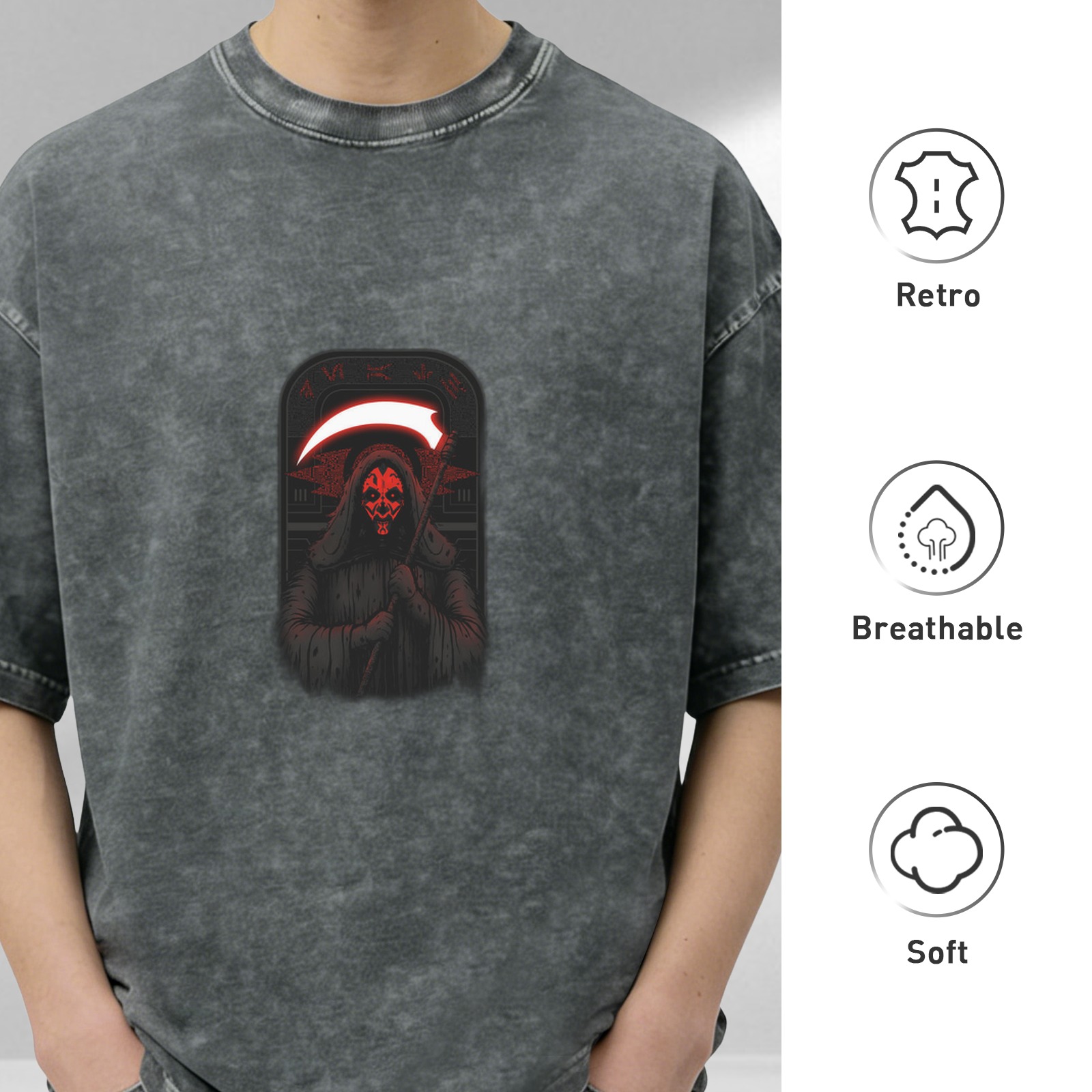 Oversized Acid Wash T-Shirt With Red Grim Reaper Graphic