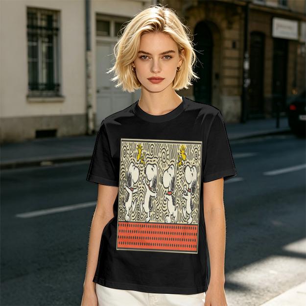 Olive T-shirt with dancing Snoopy and Woodstock graphic print