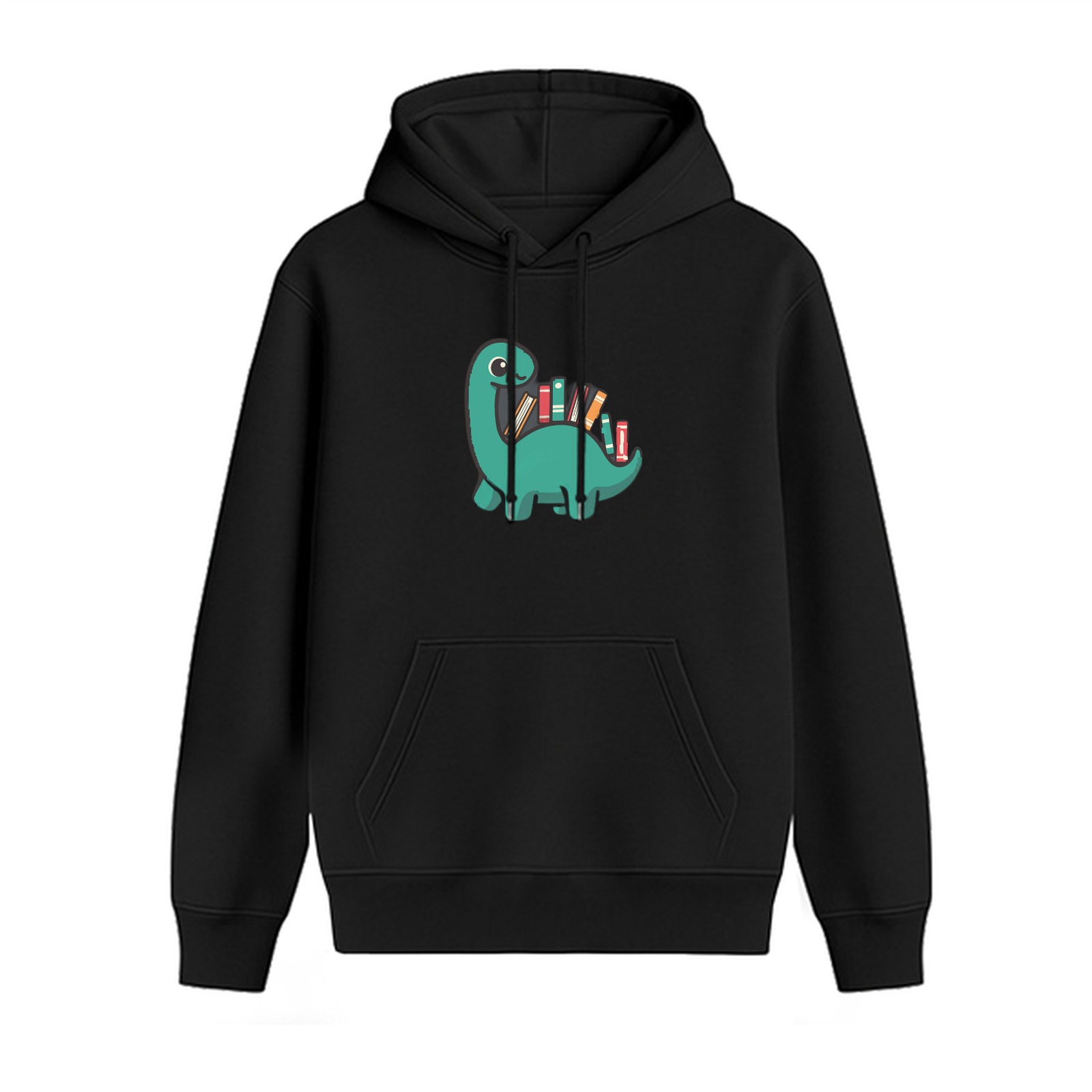 Black Hoodie With Cute Dinosaur Carrying Books Graphic