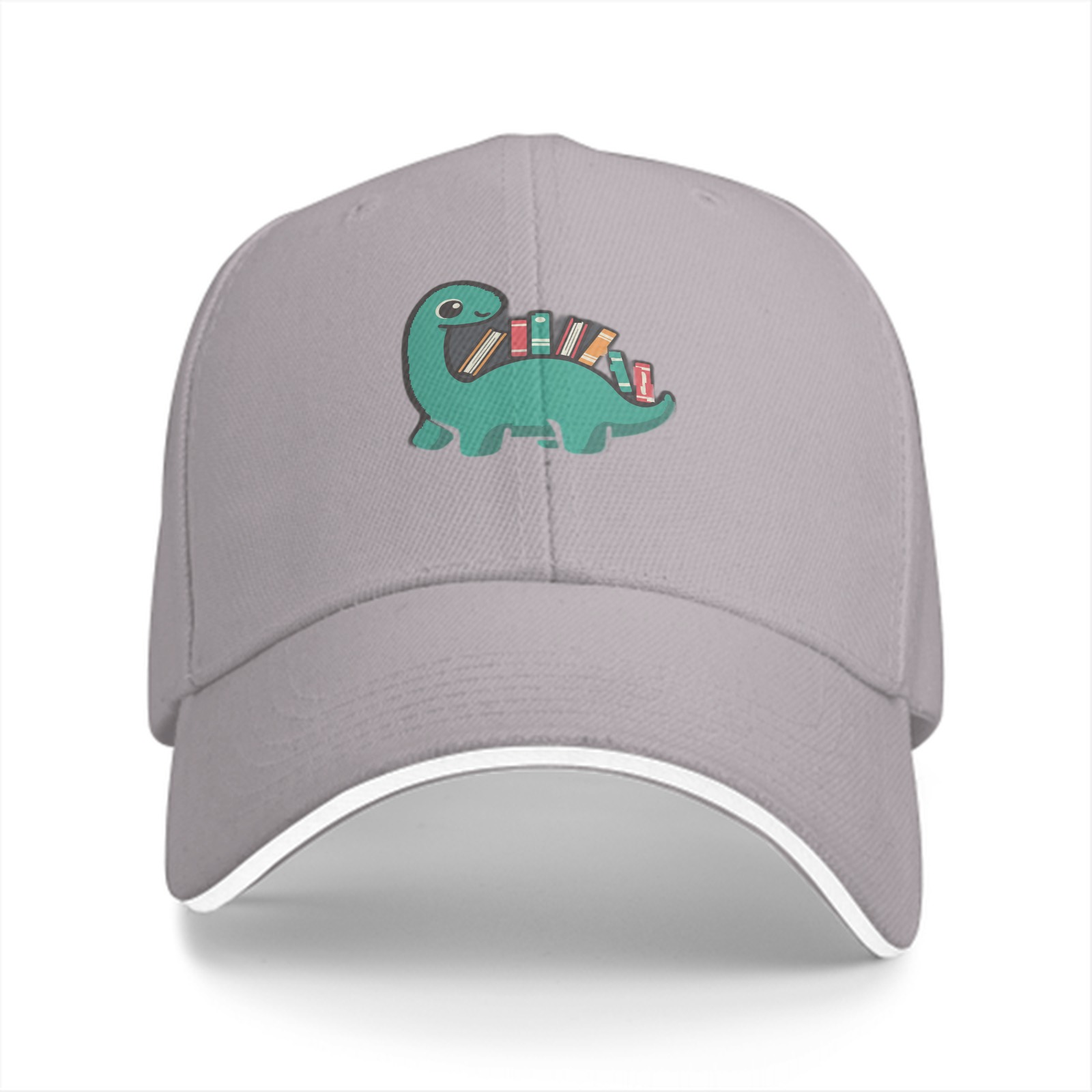 Black baseball cap with cute dinosaur carrying books graphic