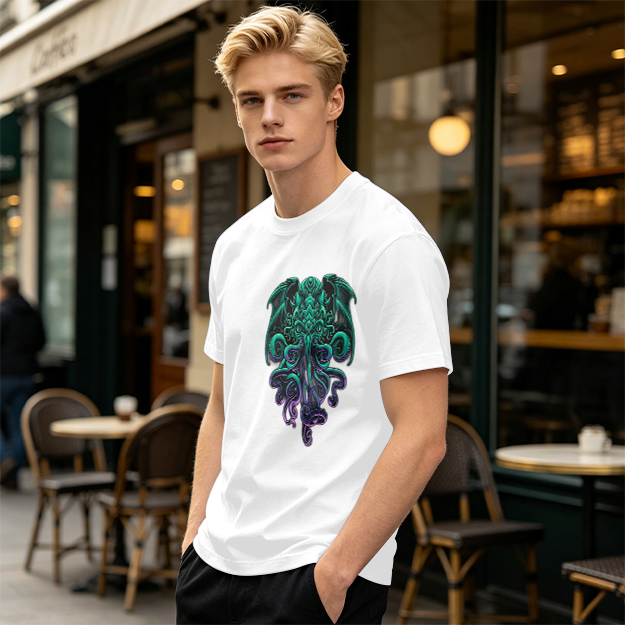 Olive Green T-Shirt With Cthulhu Octopus Dragon Graphic