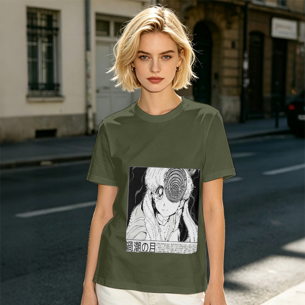 Olive anime graphic t-shirt with spiral eye design