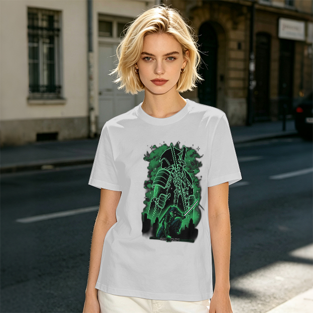 Olive Green T-Shirt With Neon Samurai Warrior Graphic