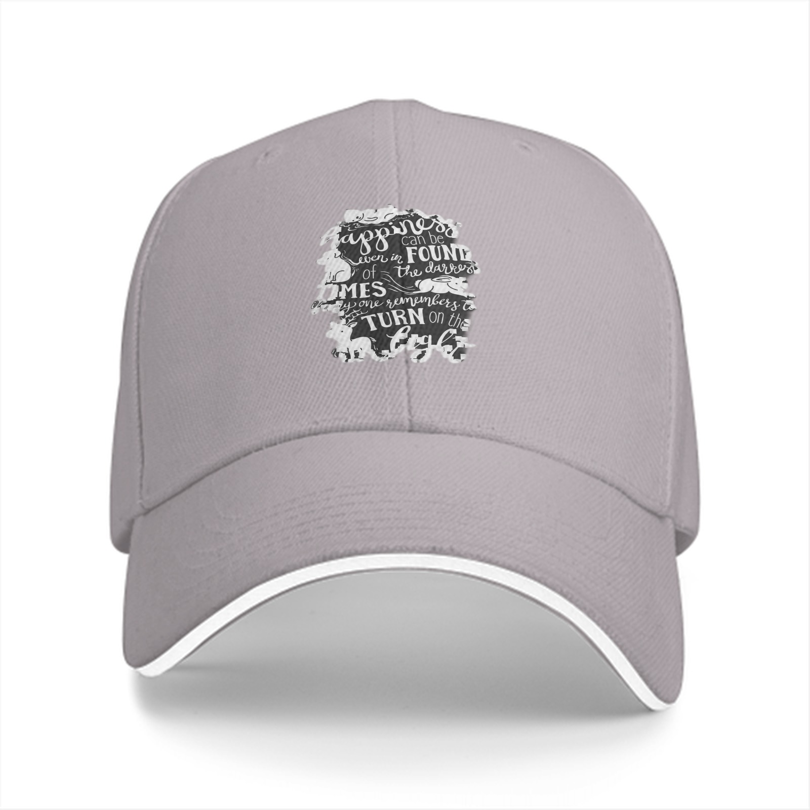 Black baseball cap with happiness quote and animal illustrations