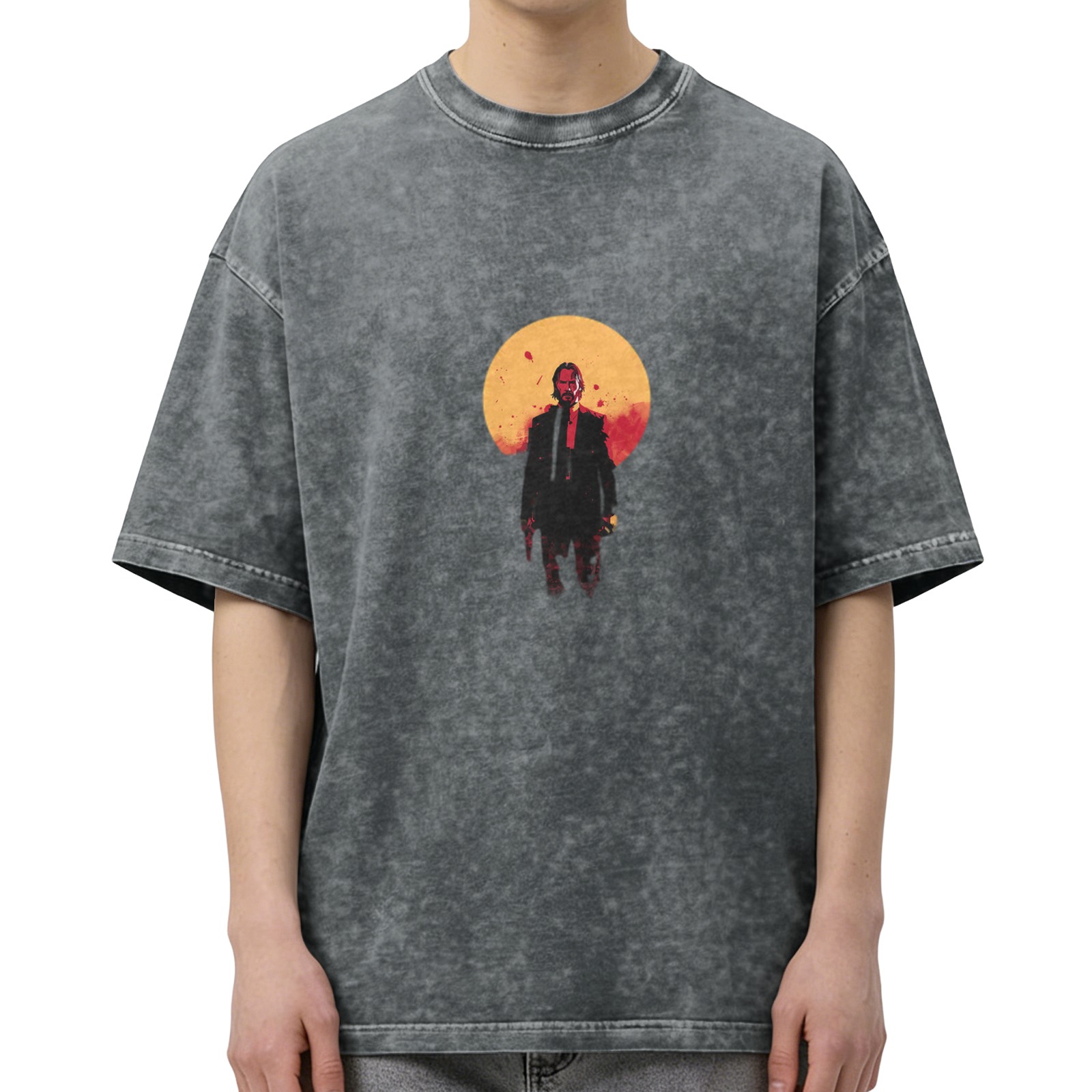 Oversized dark washed t-shirt with stylized action figure graphic