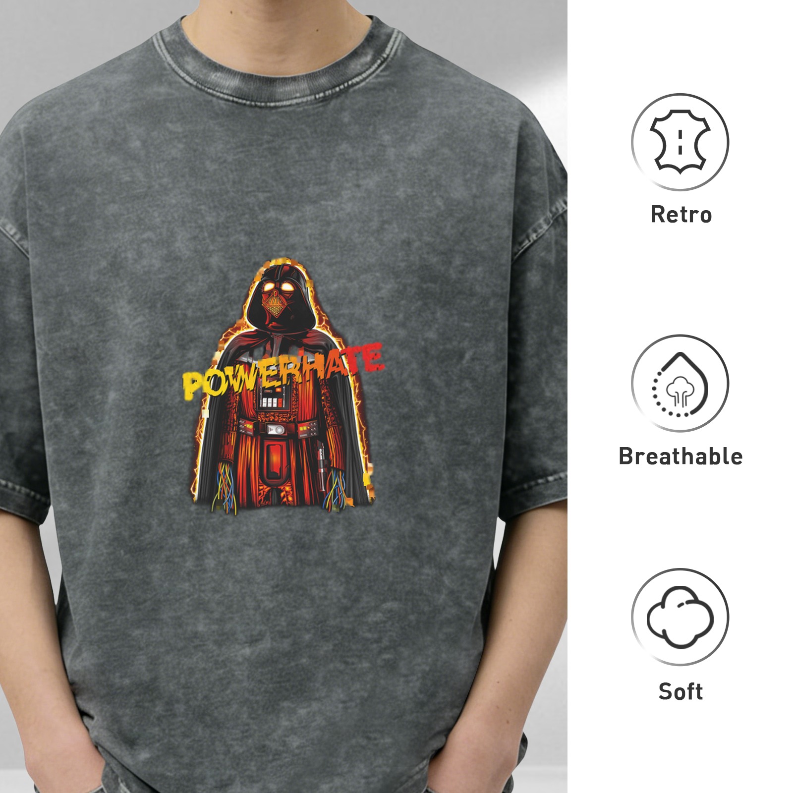 Washed black graphic t-shirt with Darth Vader style 'POWERHATE' print