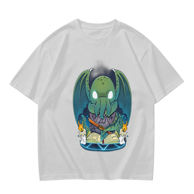 Olive T-shirt with Cute Cthulhu Reading Grimoire Print