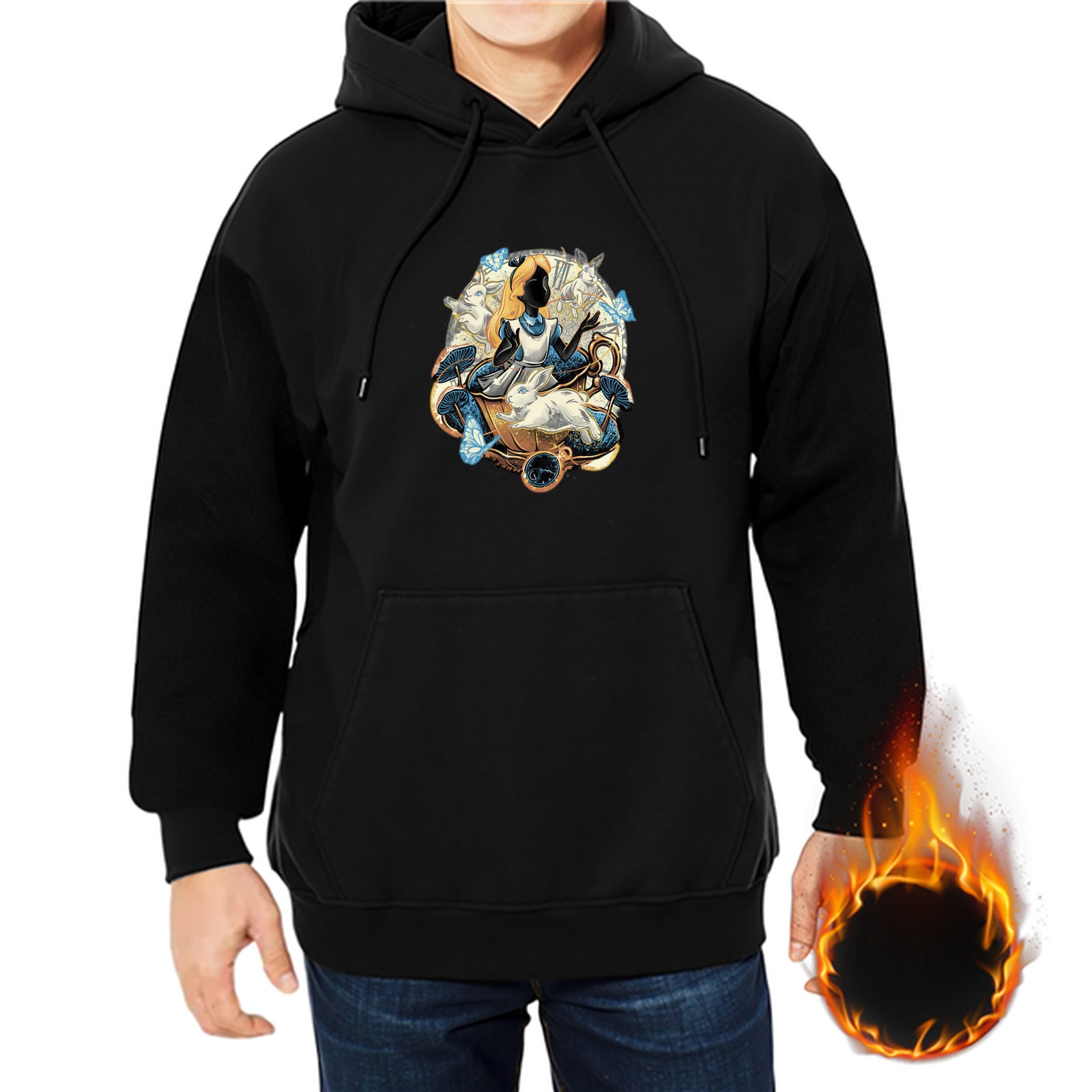 Black hoodie with Alice in Wonderland tea cup and rabbits graphic