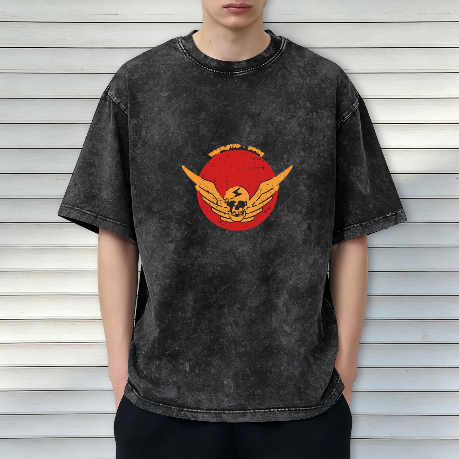 Washed Black Graphic T-Shirt with Winged Skull Red Circle Design