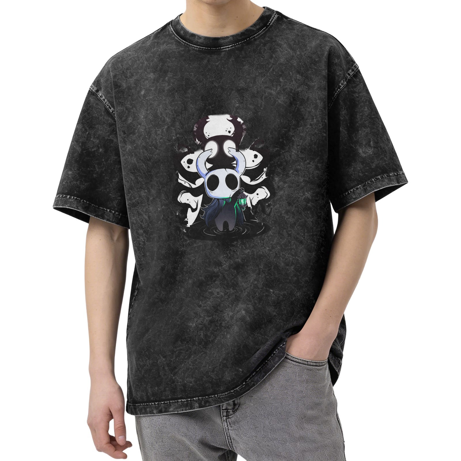 Hollow Knight themed washed distressed black loose short-sleeved T-shirt
