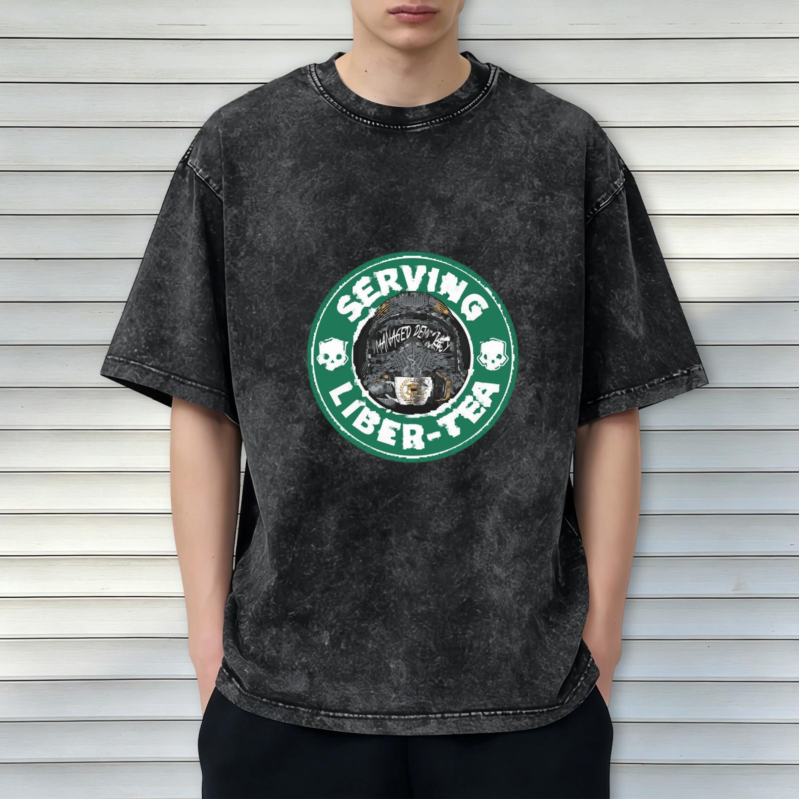 Oversized Acid Wash Graphic T-Shirt with 'SERVING LIBER-TEA' Print