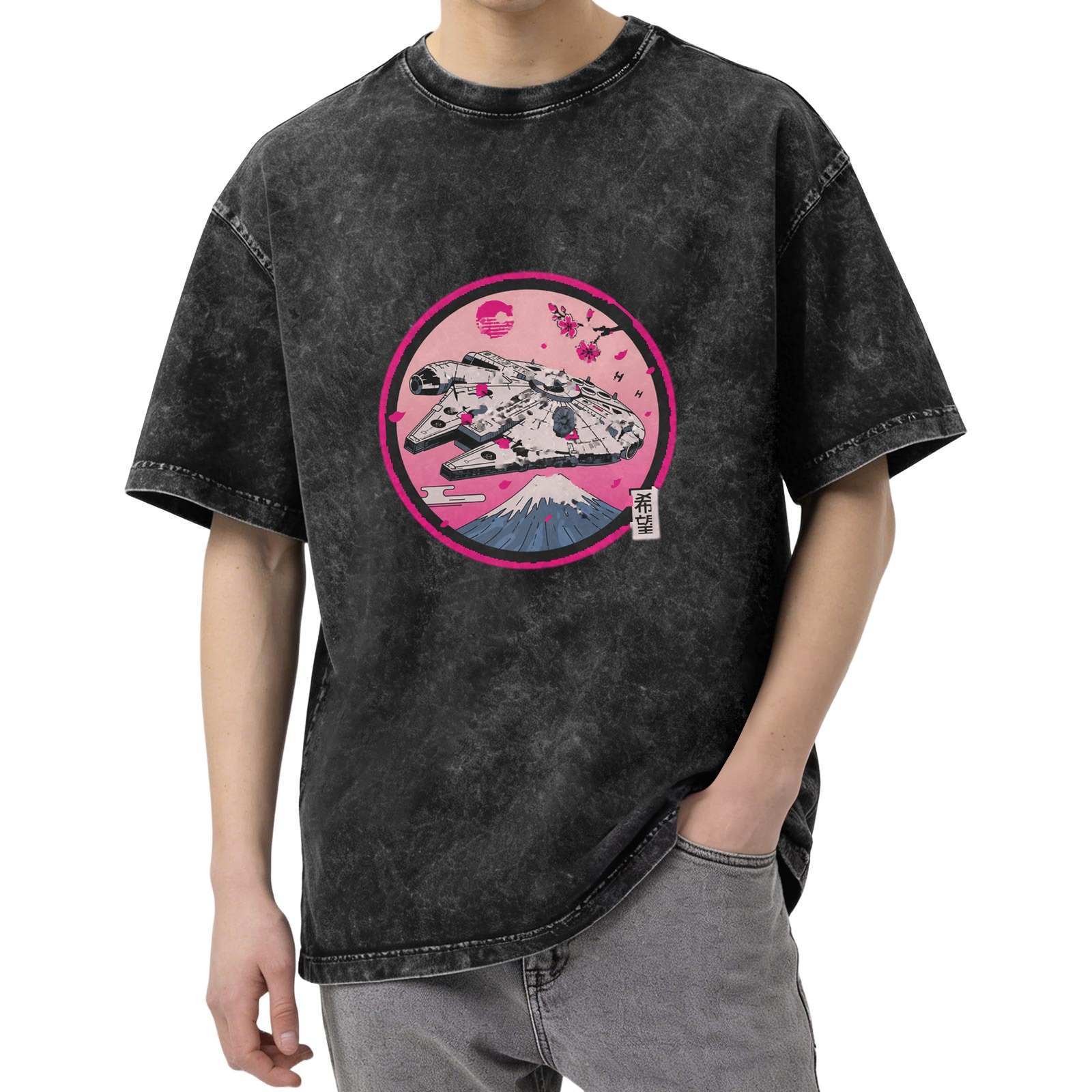 Star Wars Millennium Falcon Japanese Sakura Mount Fuji Acid Wash Oversized T-Shirt