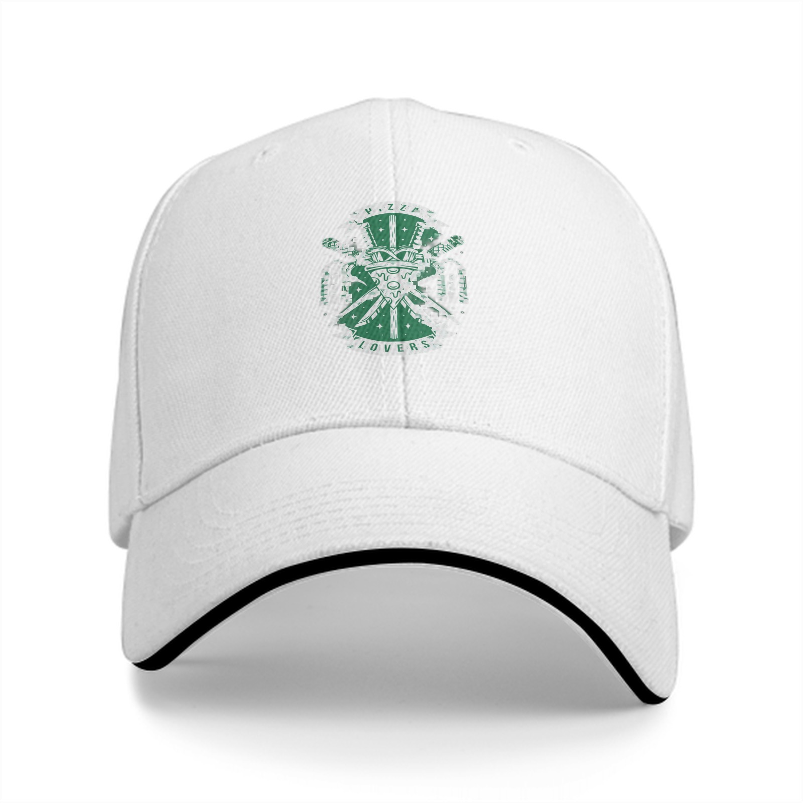 Black baseball cap with pizza lovers themed graphic print
