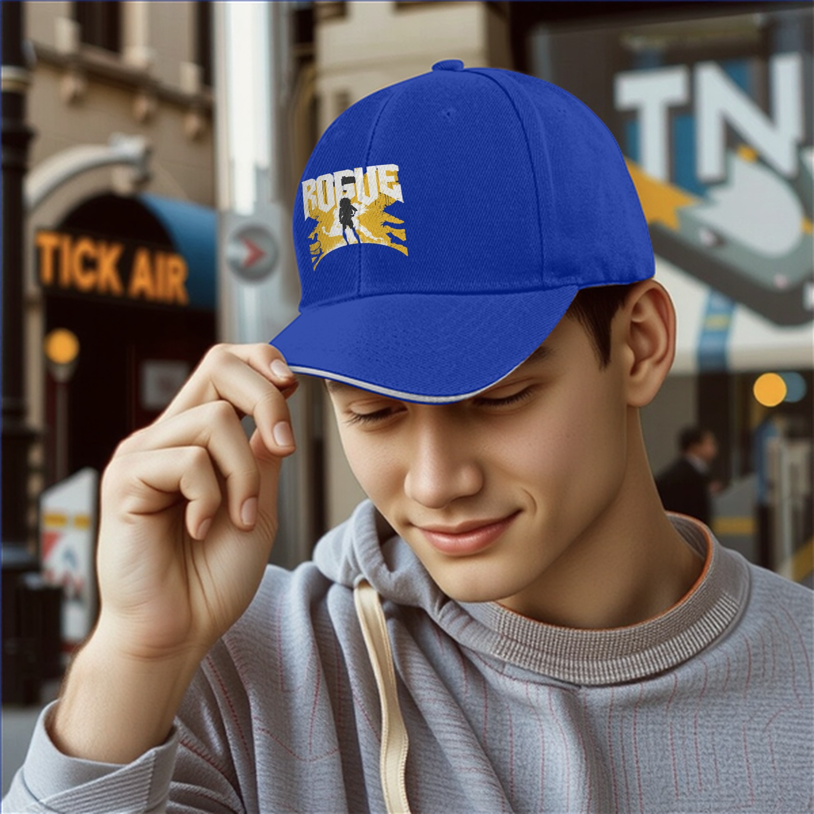 Black baseball cap with ROGUE text and silhouette graphic
