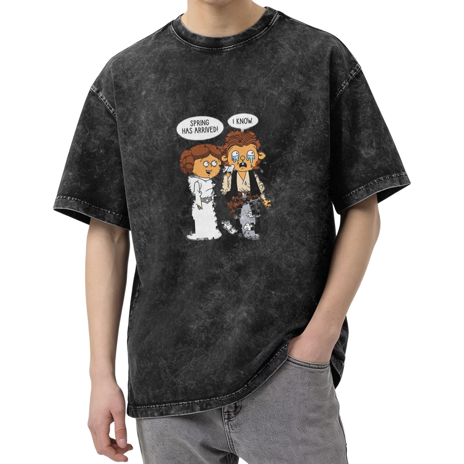 Washed Graphic T-Shirt with Star Wars Parody Spring Arrival Quote