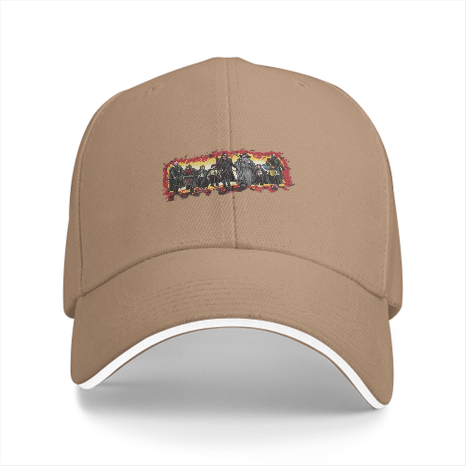 Black baseball cap with fantasy adventure group character print