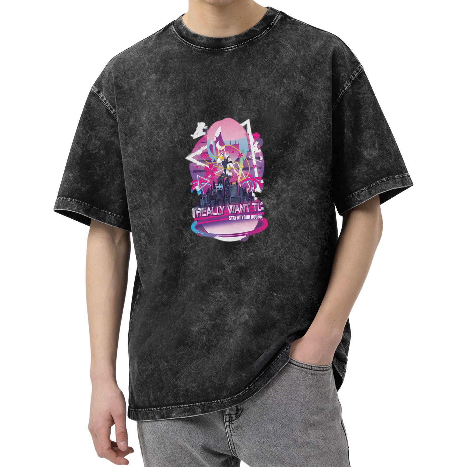 Washed black graphic t-shirt with anime cityscape and text print