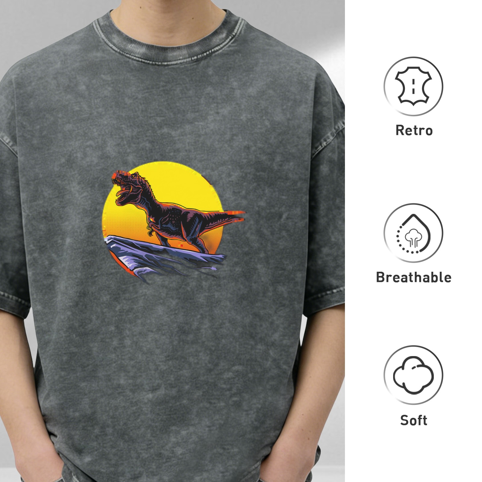 Oversized Acid Wash T-Shirt with T-Rex Sunset Graphic
