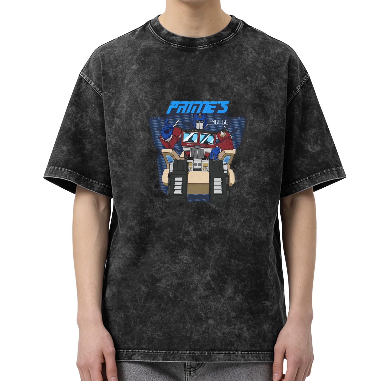 Washed Black T-Shirt with Optimus Prime Graphic Print