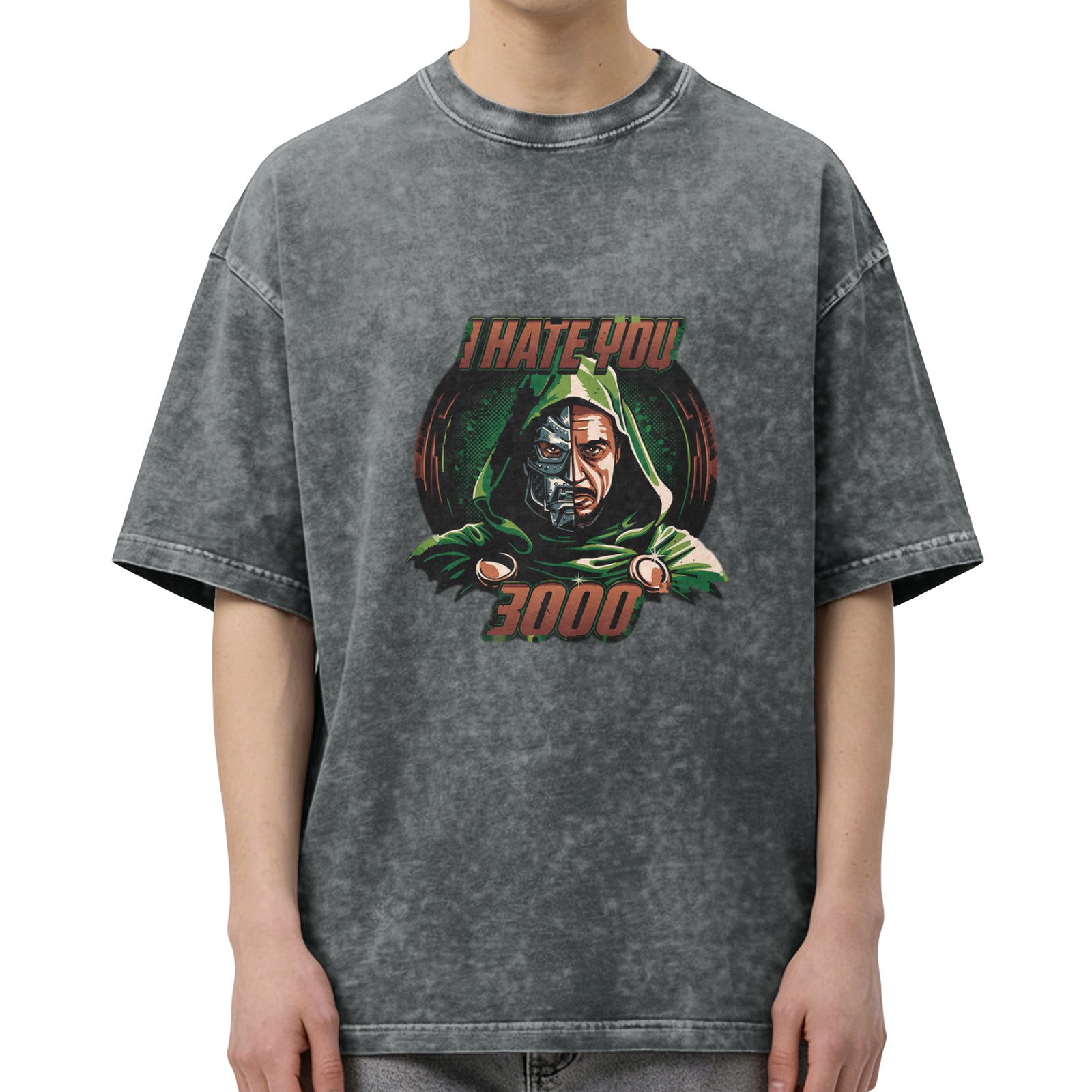 Washed Black Graphic T-Shirt with I Hate You 3000 Doom Design