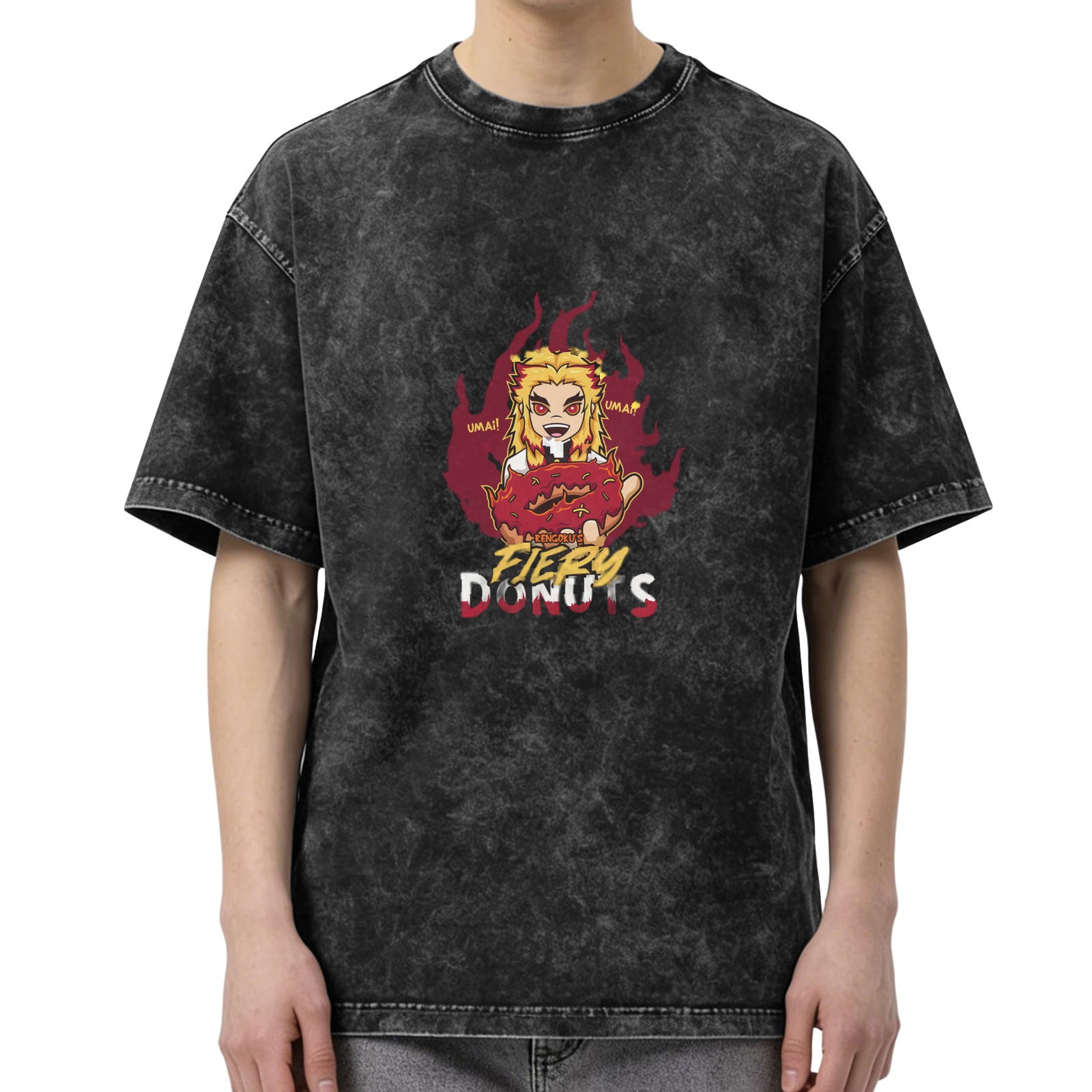 Anime Fiery Donuts Graphic Oversized Acid Wash T-Shirt