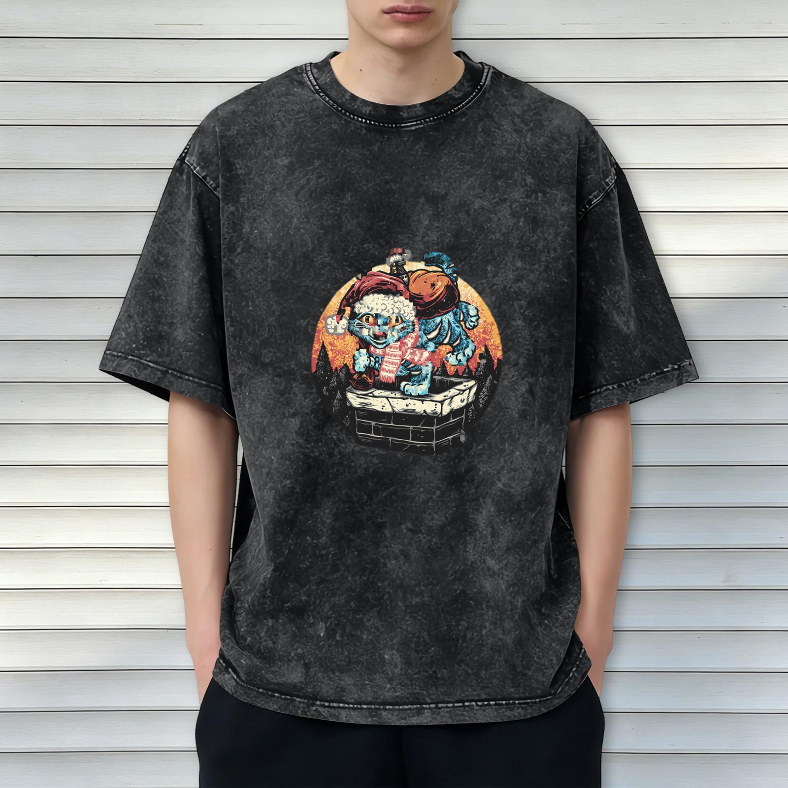 Vintage Christmas Cat Chimney Graphic Acid Wash T-Shirt