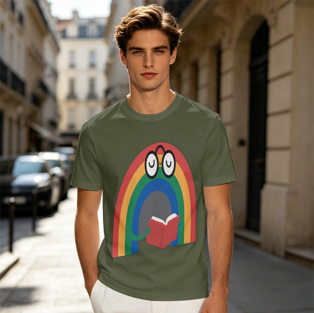 Olive T-shirt with a cartoon rainbow reading a red book