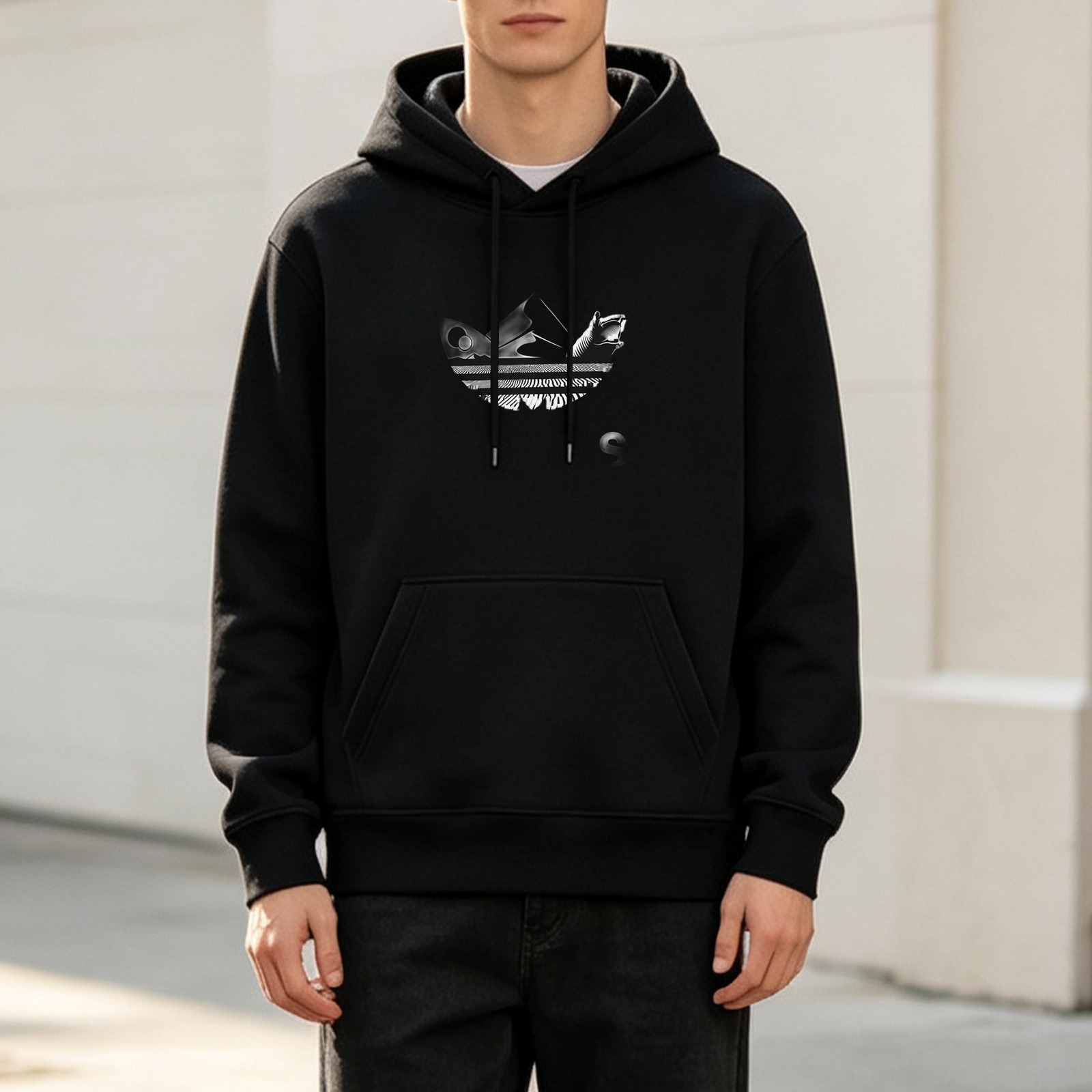 Black Hoodie With Abstract Trefoil Graphic Print