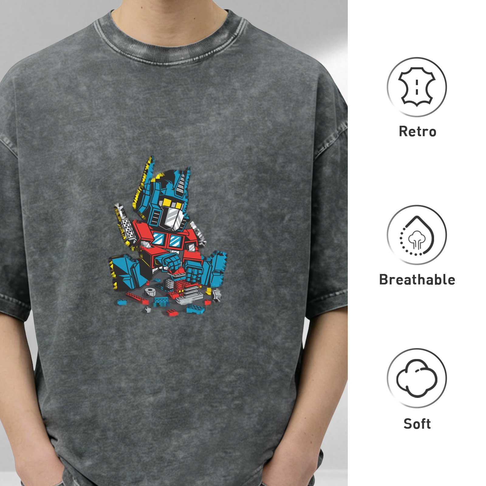 Distressed black loose short-sleeved T-shirt Transformers Optimus Prime broken pattern printed top