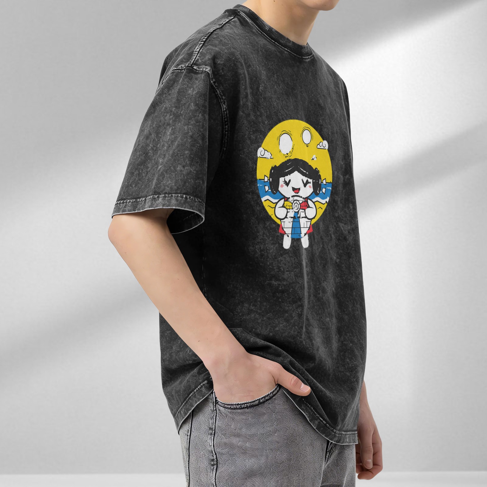 Washed Black T-Shirt With Cute Beach Girl Graphic Print