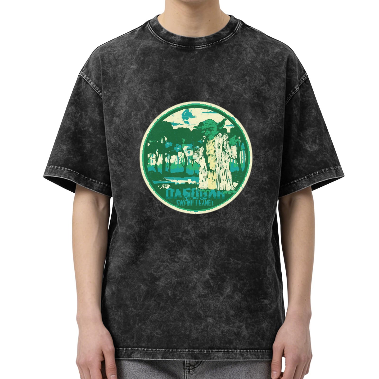 Oversized Acid Wash T-Shirt with Swamp Planet Graphic Print