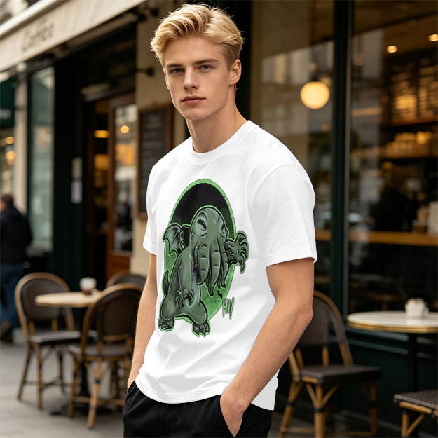 Olive T-Shirt Featuring Cute Cartoon Cthulhu Saying Hi
