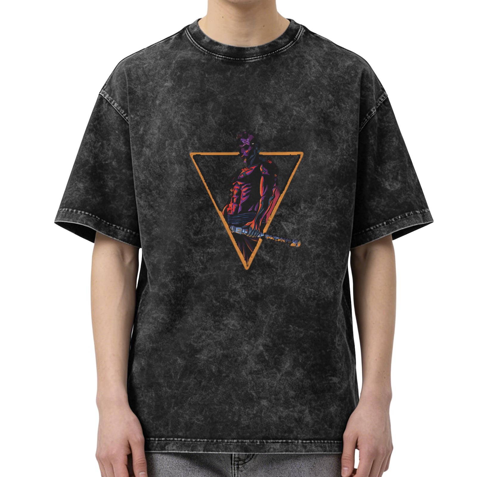 Washed Black Oversized T-Shirt With Triangle Superhero Graphic