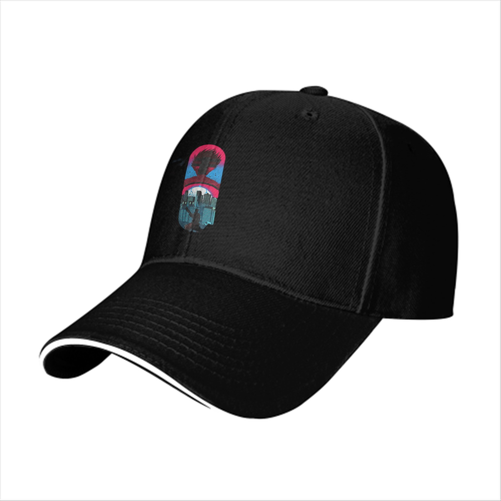 Black Baseball Cap With Cyberpunk City Silhouette Graphic