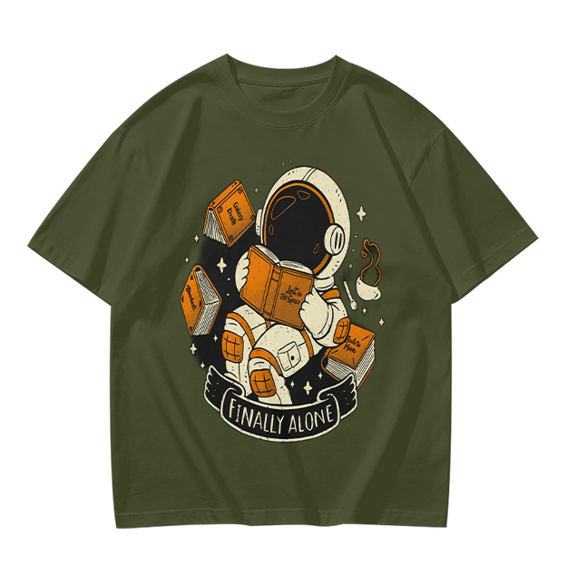 Astronaut Reading Book 'Finally Alone' Graphic T-Shirt Design