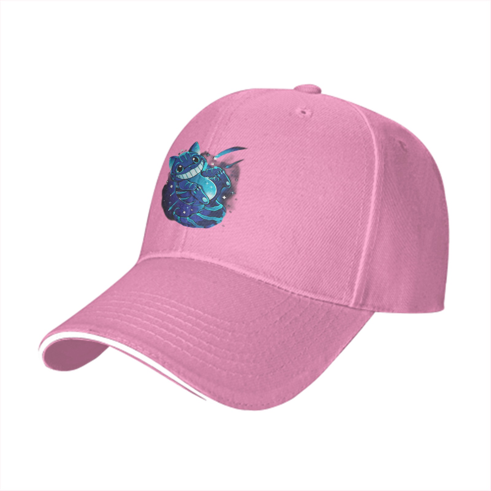 Black baseball cap with glowing Cheshire cat space graphic