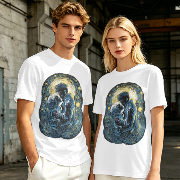 Olive T-Shirt With Starry Night Style Embracing Couple Art