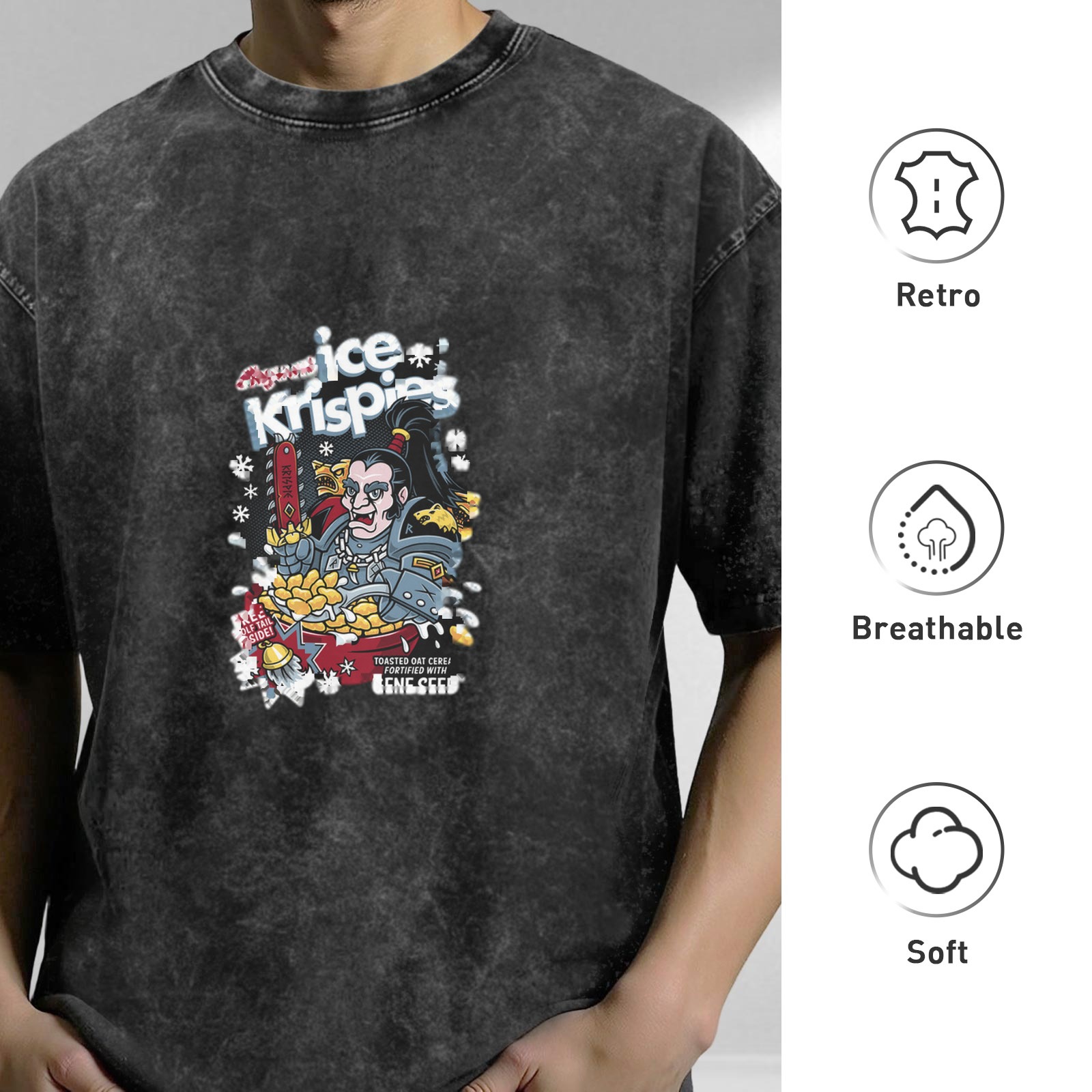 Distressed washed black loose short-sleeved T-shirt Fun co-branded cartoon print top