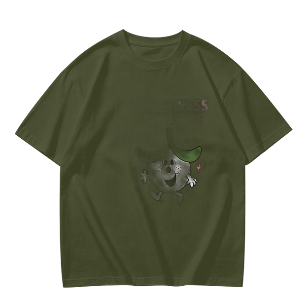 Olive green graphic t-shirt with playful cartoon character print