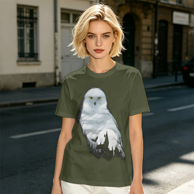 Olive Green T-Shirt With Snowy Owl Graphic Print