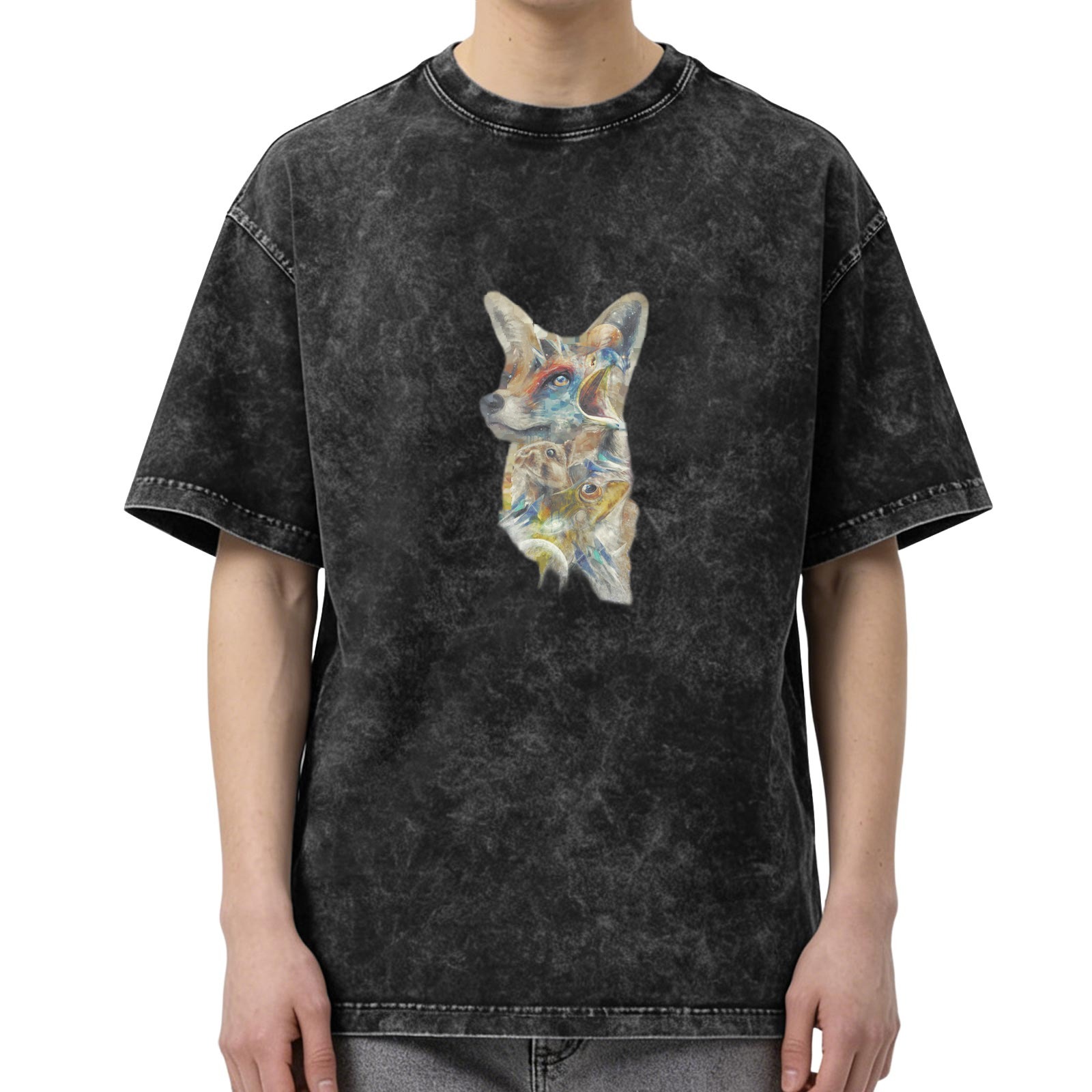 Washed Black Oversized T-Shirt With Abstract Fox Art Print