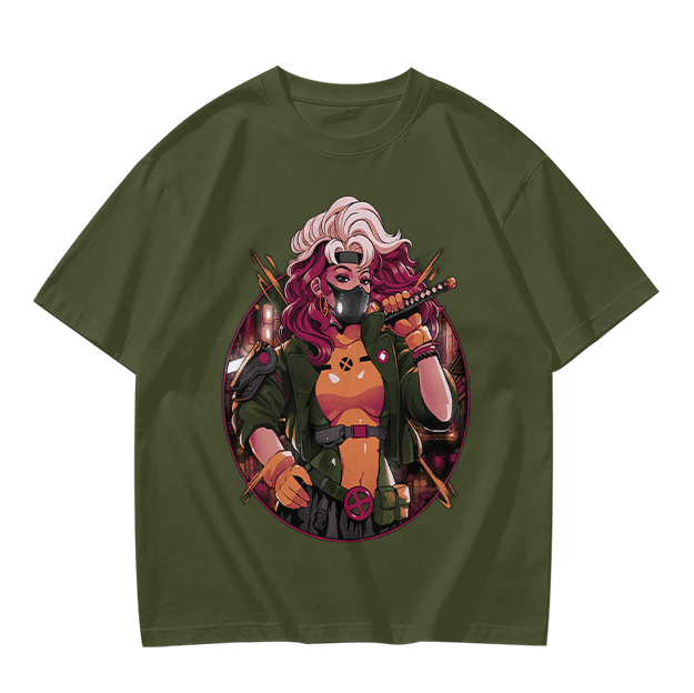 Olive T-Shirt with Anime Cyberpunk Female Warrior Print
