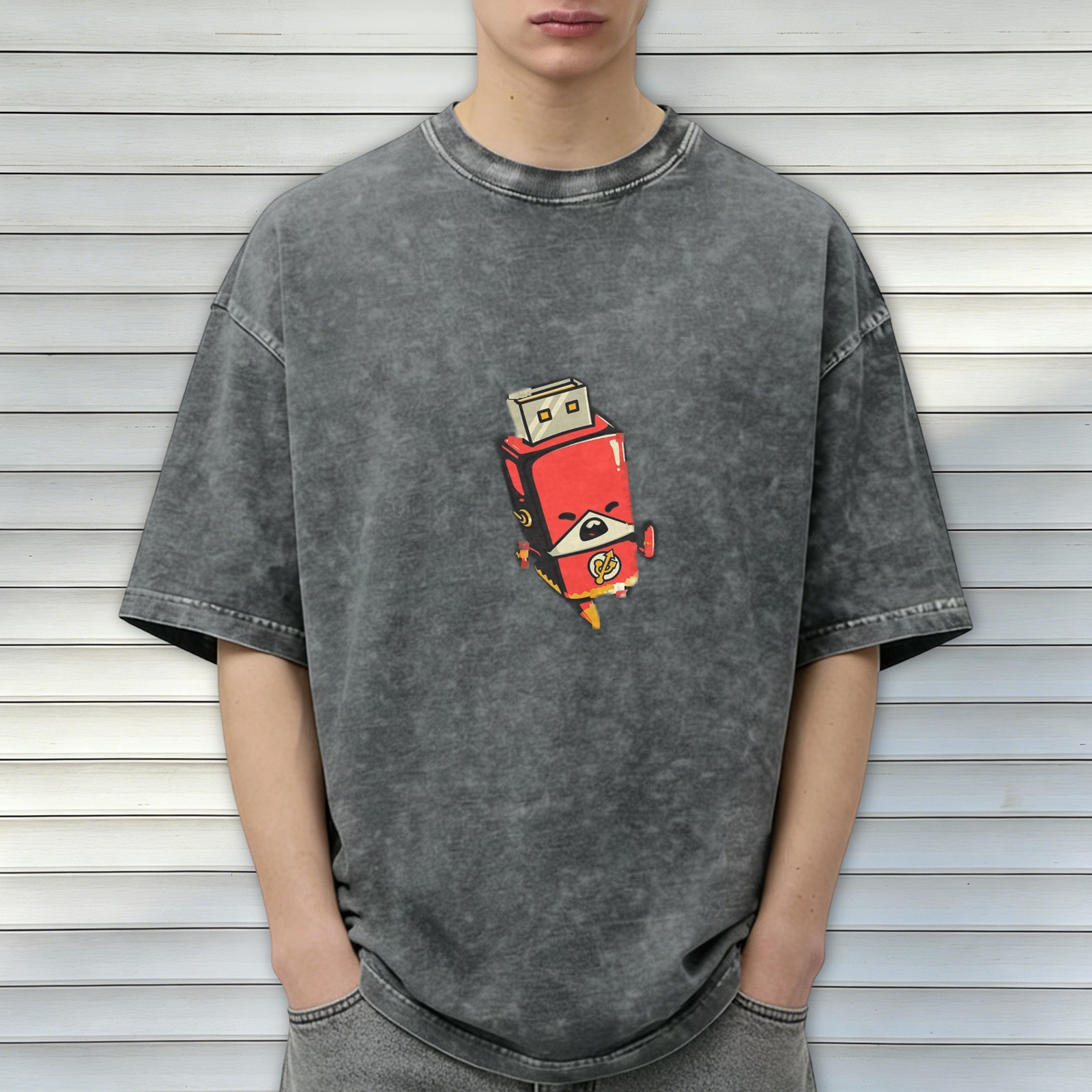 Distressed washed black cartoon U disk Superman printed short-sleeved T-shirt
