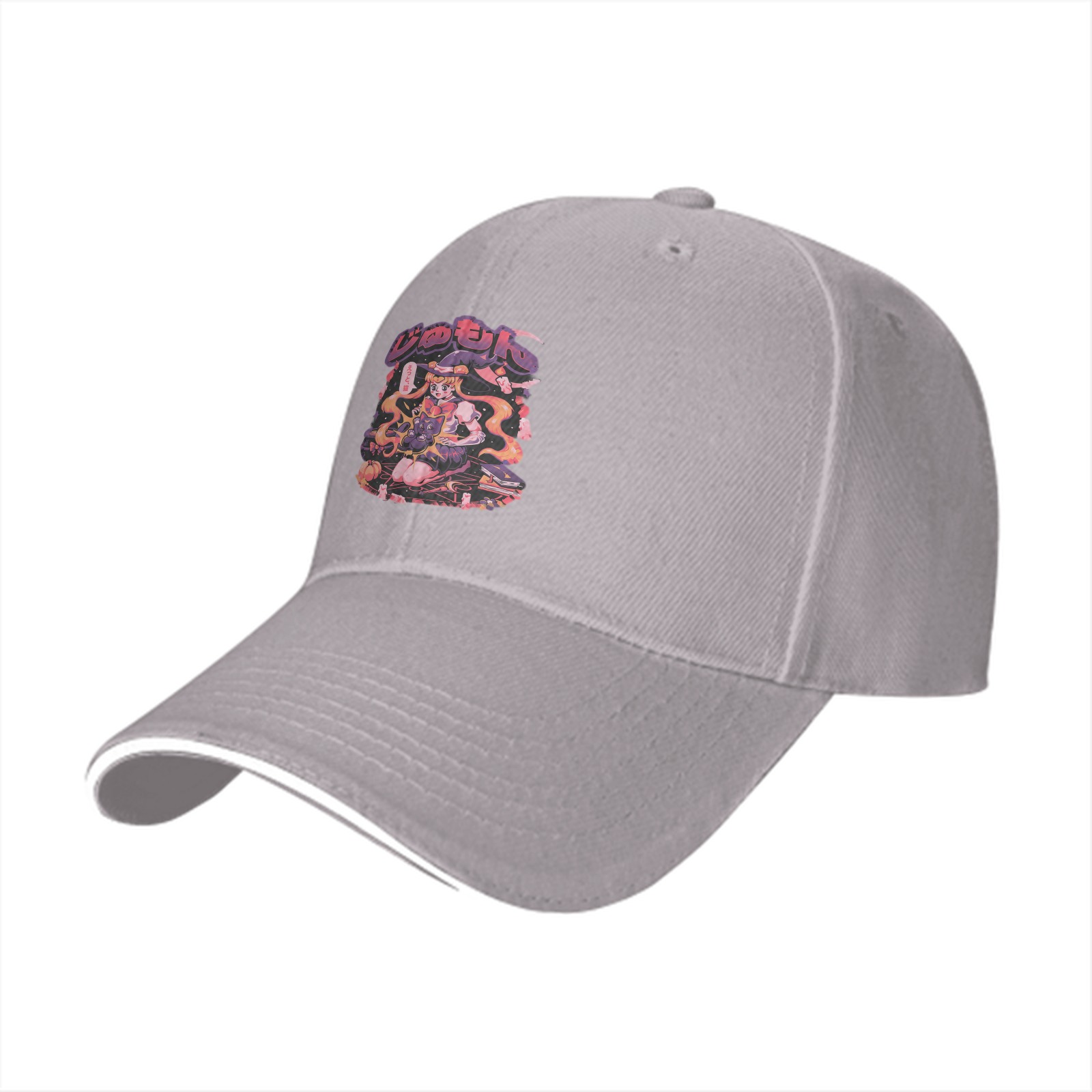 Black baseball cap with anime witch graphic print