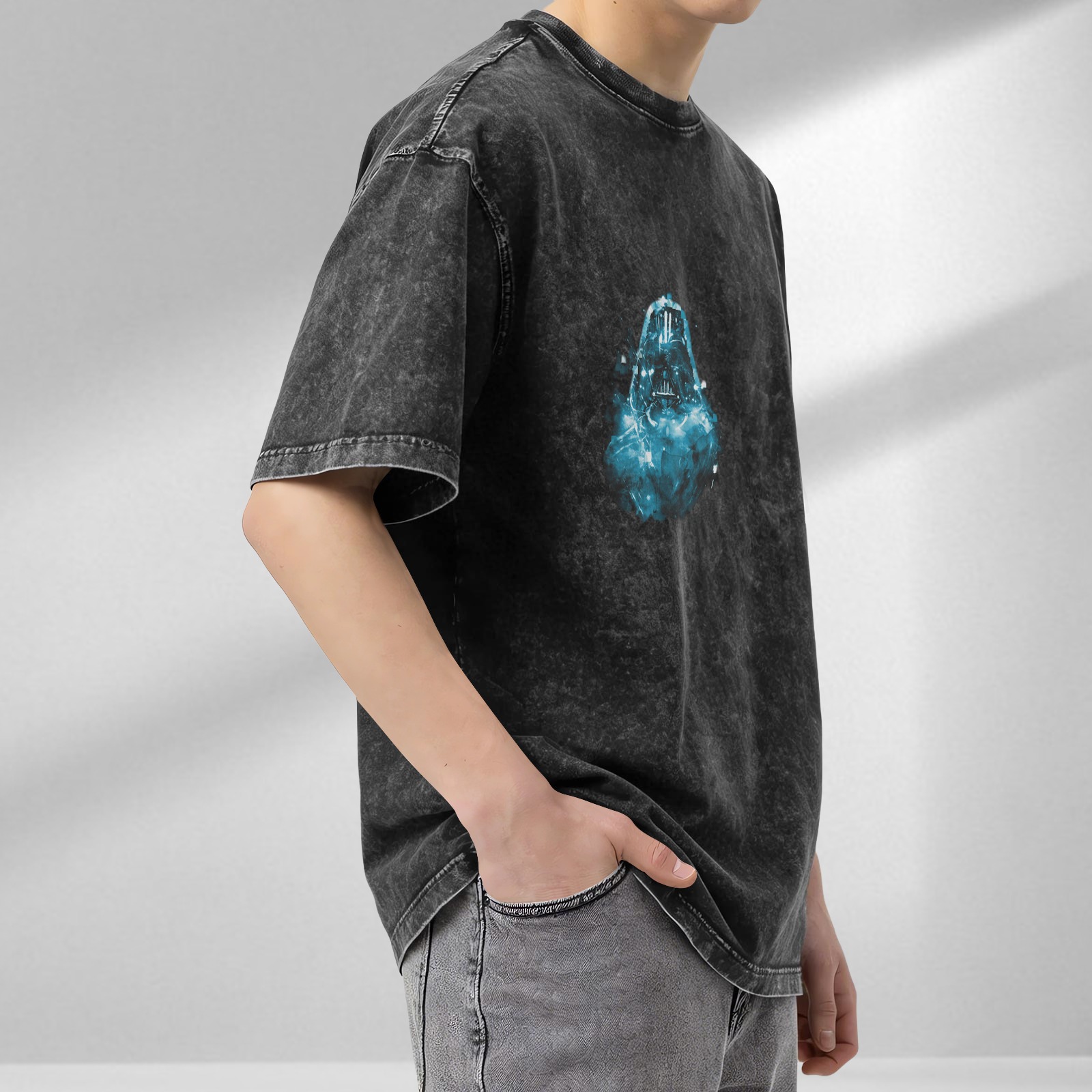 Washed Black Oversized T-Shirt With Glowing Blue Darth Vader Graphic