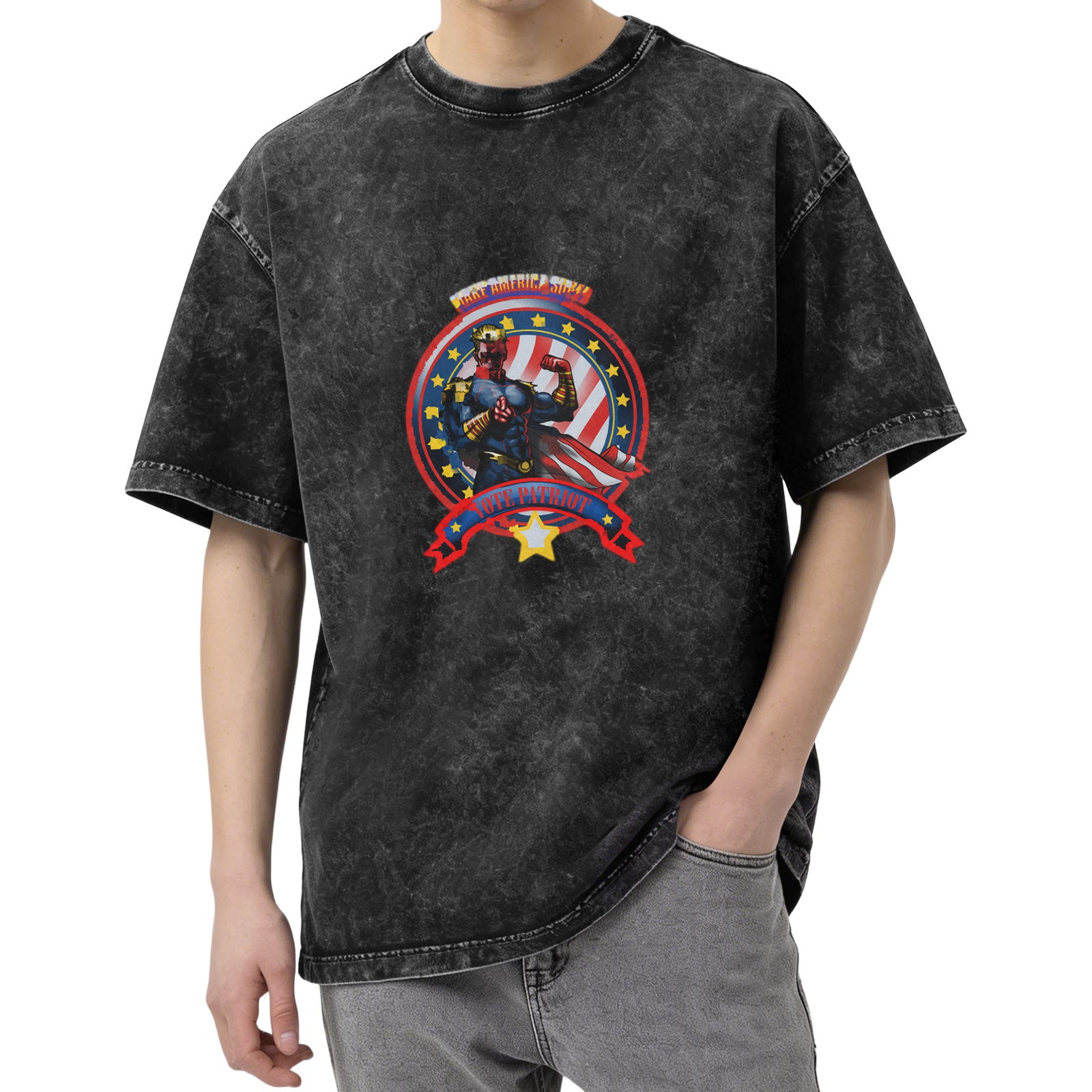 Washed Black Oversized T-Shirt With Patriotic Superhero Graphic