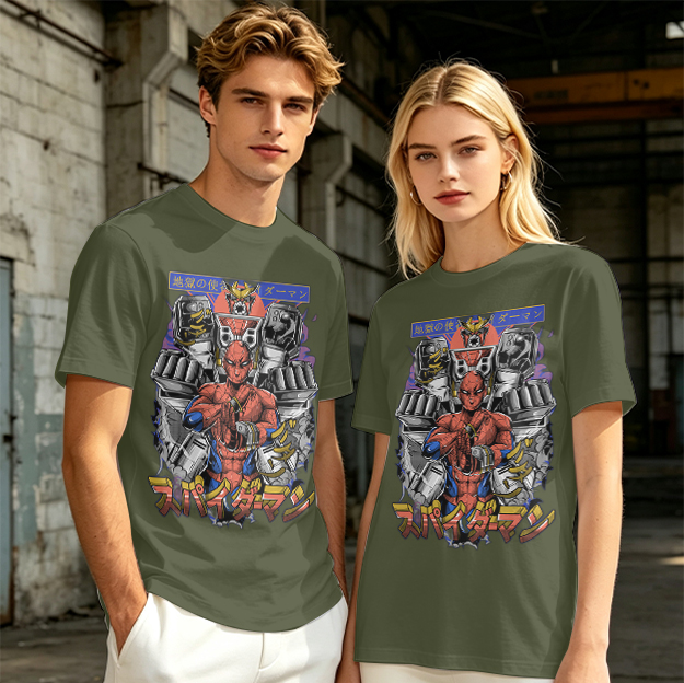 Olive T-shirt with Japanese Spider-Man Mech Graphic Print